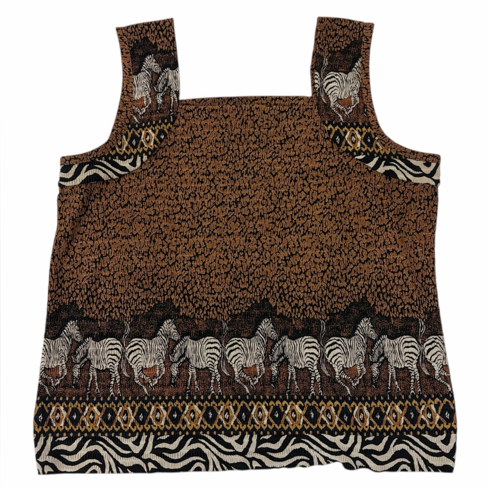 Pleat Pleat by RAFAEL 90’s Eclectic Educator Zebra Safari Print Brown Tank Top L